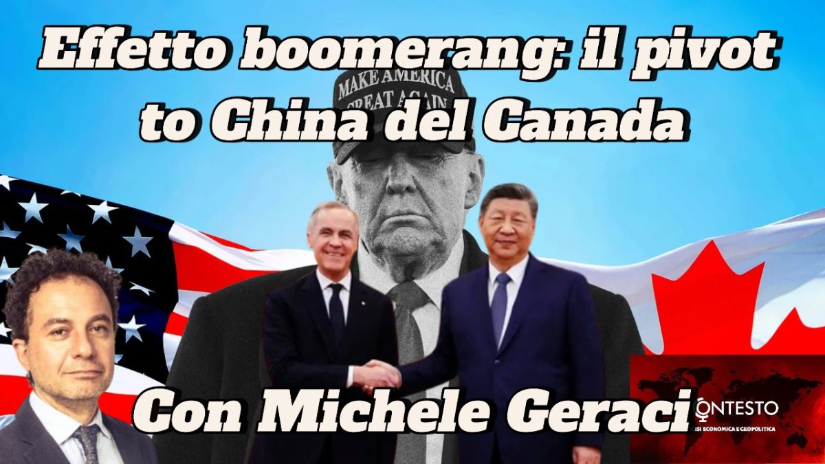 Effetto boomerang: il Canada si volge verso la Cina Tre uomini, tra cui Michele Geraci, in piedi davanti alle bandiere di Stati Uniti e Canada; appare il testo Unione europea è il peggior nemico.