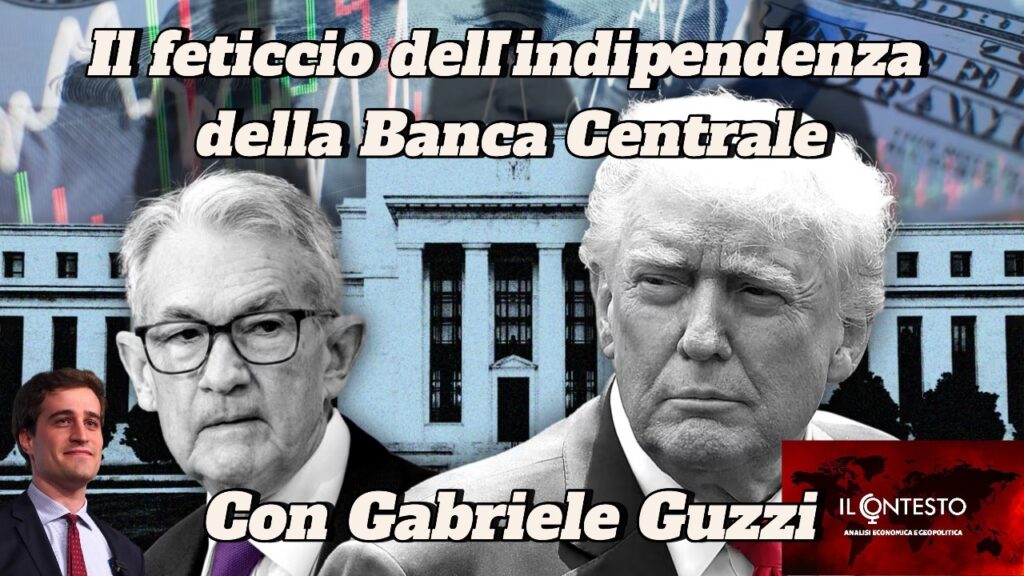 Trump e Putin si accordano sul gasolio Collage con Gabriele Guzzi, Jerome Powell e Donald Trump con testo in italiano sull'economia italiana e l'indipendenza delle banche centrali.