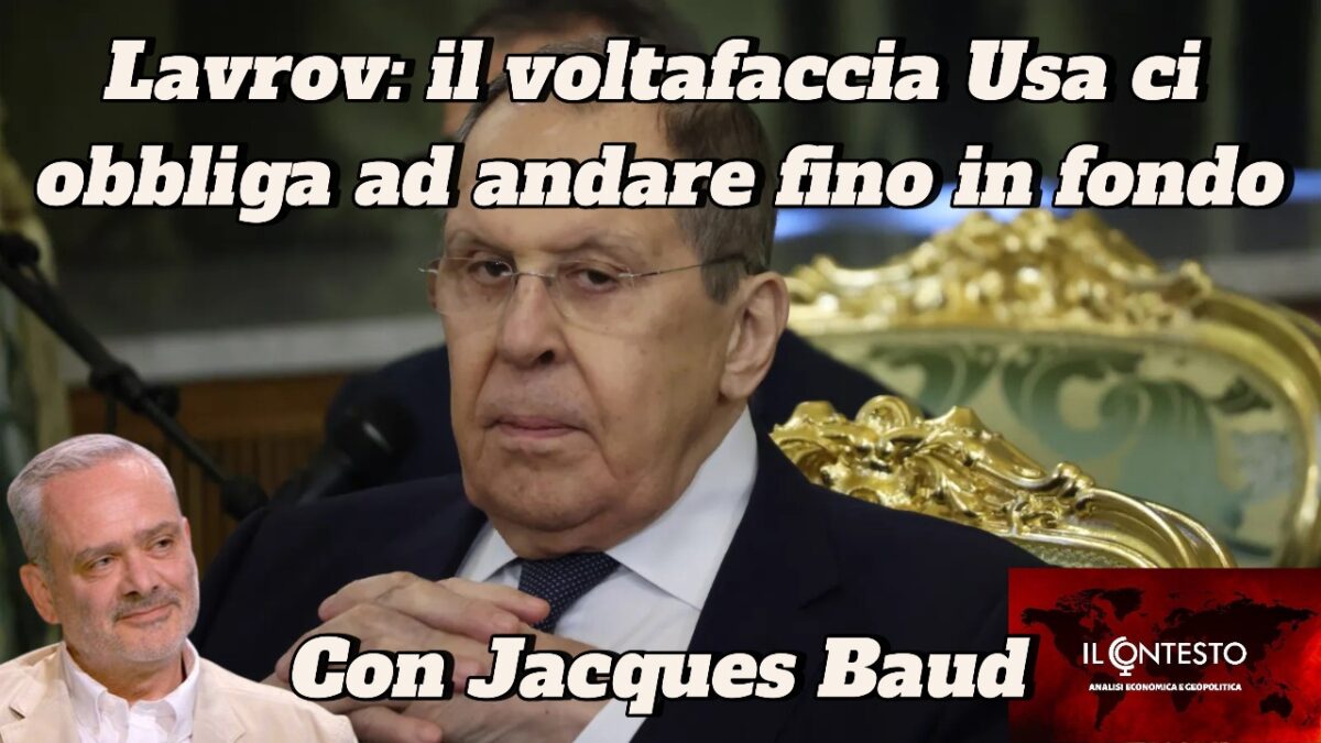 Sergei Lavrov in giacca e cravatta, testo in italiano sulle azioni degli Stati Uniti, con un uomo iraniano e il logo del programma.