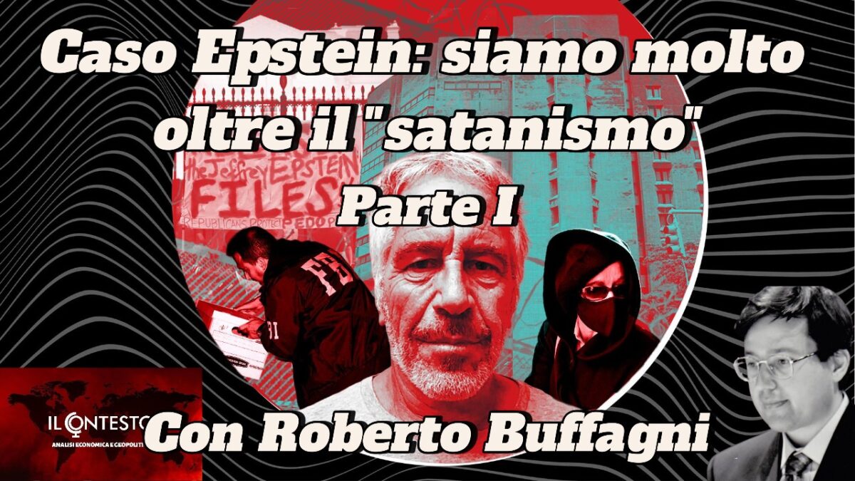 Talk show italiano sul caso Epstein con Jeffrey Epstein, documenti, persone mascherate e Roberto Buffagni.