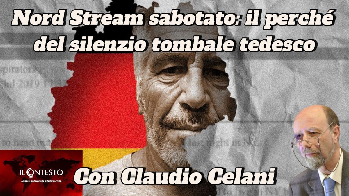 Merz va in Cina con il cappello in mano Un collage con il volto di Merz su una cartina della Germania e un altro uomo in giacca e cravatta, con un testo in italiano sul sabotaggio del Nord Stream.