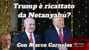 Donald Trump e Benjamin Netanyahu insieme; il testo italiano si chiede se Carney stia ricattando Trump.