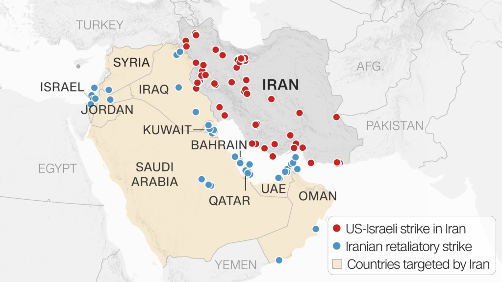 La rappresaglia iraniana coglie di sorpresa Stati Uniti e Israele 1 Una mappa che mostra le posizioni degli attacchi Usa-Israele in Iran e gli attacchi condotti nel contesto della rappresaglia iraniana.