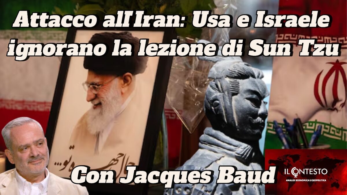 Una grafica di notizie con immagini di figure iraniane e cinesi, una statua e un testo che collega le azioni statunitensi e israeliane sull'Iran a Guantanamo.