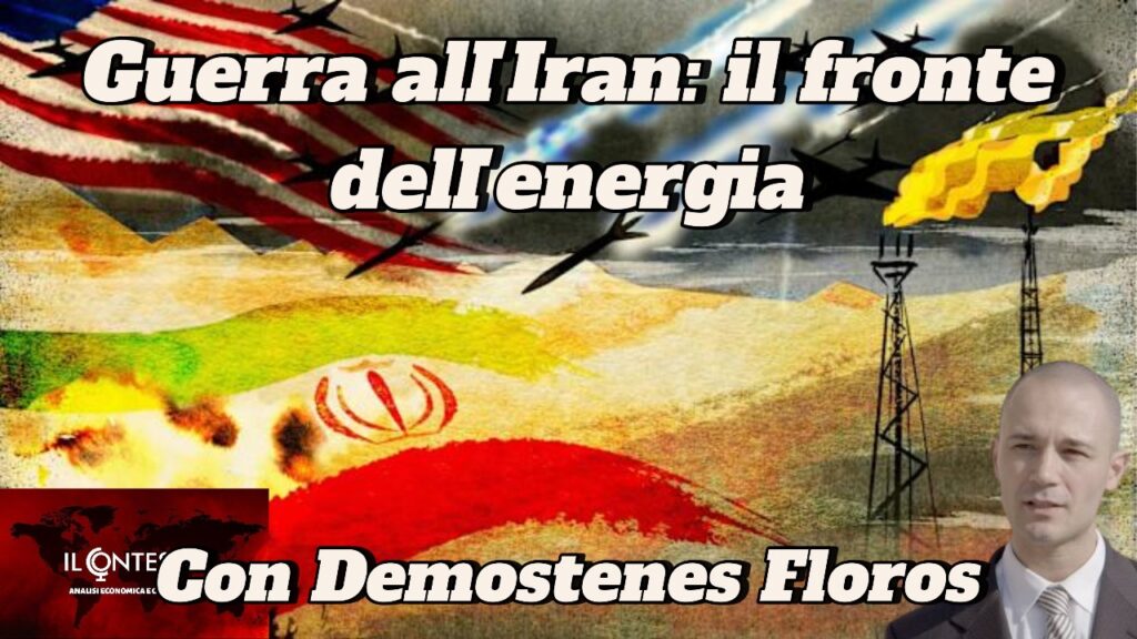 Sfondo di piattaforme petrolifere e bandiere con testo italiano su Iran, petrolio, energia e Demostenes Floros in primo piano.
