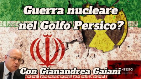 Bandiera italiana con simboli nucleari, iraniani e Khamenei; testo che mette in discussione la guerra nucleare nel Golfo Persico, con Gianandrea Gaiani.