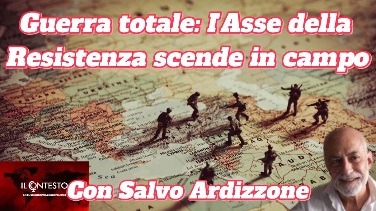 Una mappa con soldatini, sovrapposta a un testo italiano sulla resistenza e a una foto di Larijani sorridente in un angolo.