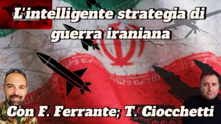 Testo italiano sulla bandiera iraniana con missili; foto di F. Ferrante, T. Ciocchetti e menzione di Araghchi.