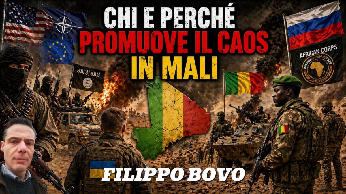 African Corps: i servizi occidentali dietro il caos in Mali Soldati, bandiere libanesi e militanti armati si scontrano nel caos, mentre i disordini del Mali si sviluppano accanto al nome di Filippo Bovo.