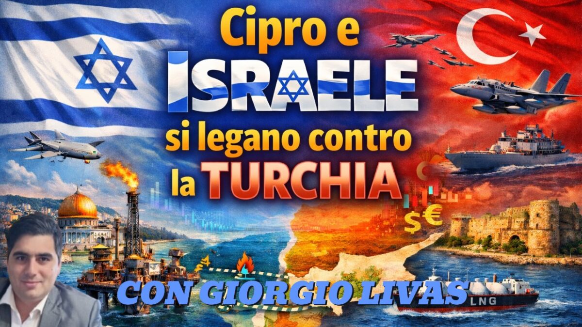 Grafica con testo in italiano su Cipro e Israele uniti contro la Turchia, con bandiere, immagini militari ed economiche, guerra in Iran.