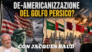 Immagine divisa: a sinistra Operazione Epic Fury, bandiere degli Stati Uniti, Statua della Libertà, navi da guerra; a destra leader del Golfo, paesaggio urbano. Testo in italiano.