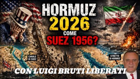 Un'immagine divisa mette a confronto la crisi del Canale di Suez con lo Stretto di Hormuz, con Erdogan, bandiere, navi da guerra e Luigi Bruti Liberati.