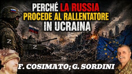 L’Ue sblocca il prestito da 90 miliardi a favore dell’Ucraina Due soldati, carri armati e rovine in fiamme con bandiere russe e dell'UE; il testo parla dei lenti progressi della Russia e della necessità di un prestito.