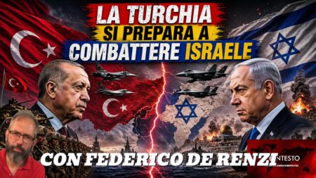 L'immagine divisa mostra Erdogan e il leader israeliano uno di fronte all'altro, con forze militari e bandiere; il testo in italiano si sovrappone all'immagine.