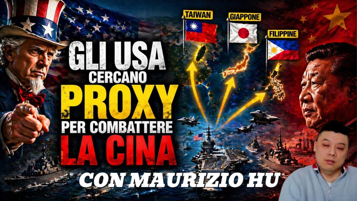 Blocco navale dell’Iran: quanto ne risente la Cina? Illustrazione drammatica di un blocco navale con Stati Uniti e Cina, con immagini militari e bandiere di Taiwan, Giappone e Filippine.