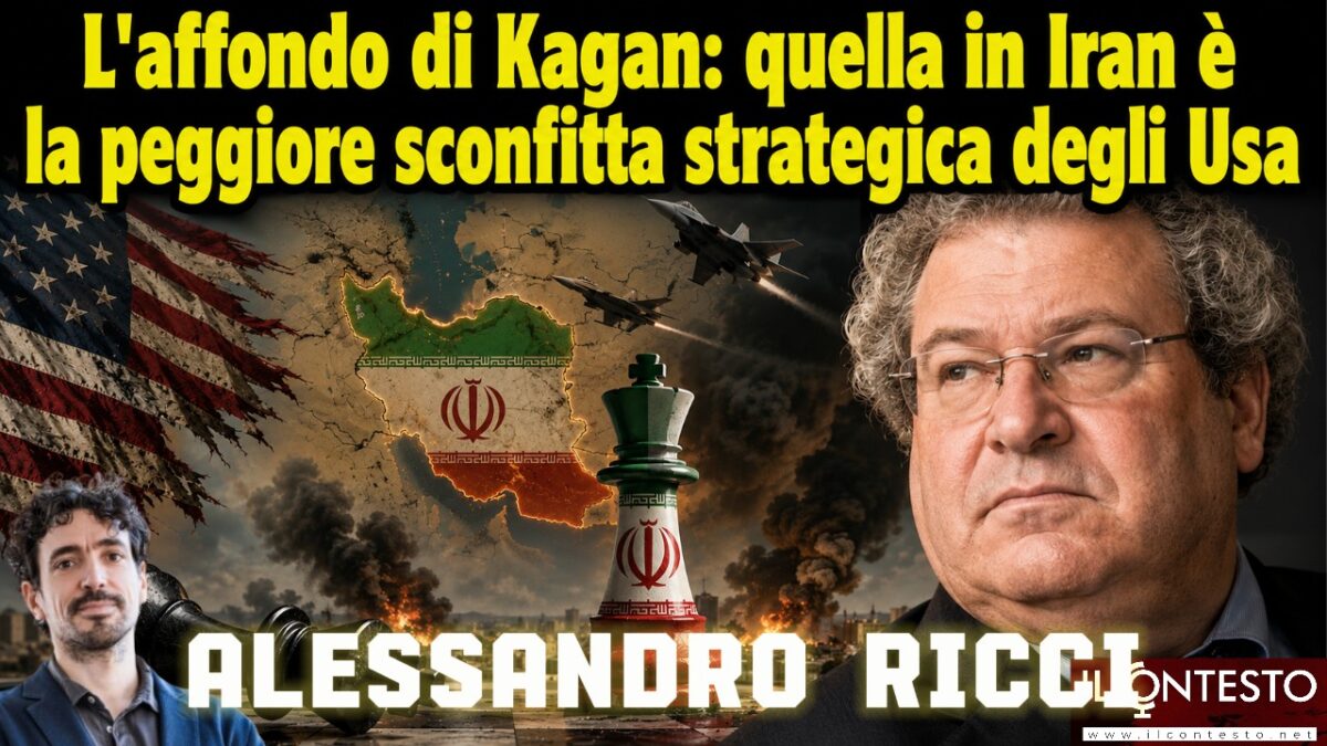 Ritratti di due uomini con mappa dell'Iran in fiamme, bandiere degli Stati Uniti e dell'Iran, pezzi di scacchi e aerei militari sullo sfondo.