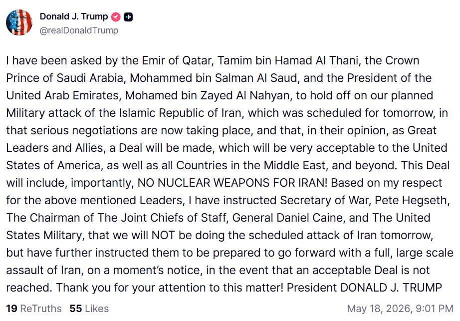 Post di Trump: la ripresa della guerra è rimandata 1 Screenshot di un post di Donald Trump su un accordo di pace in Medio Oriente.