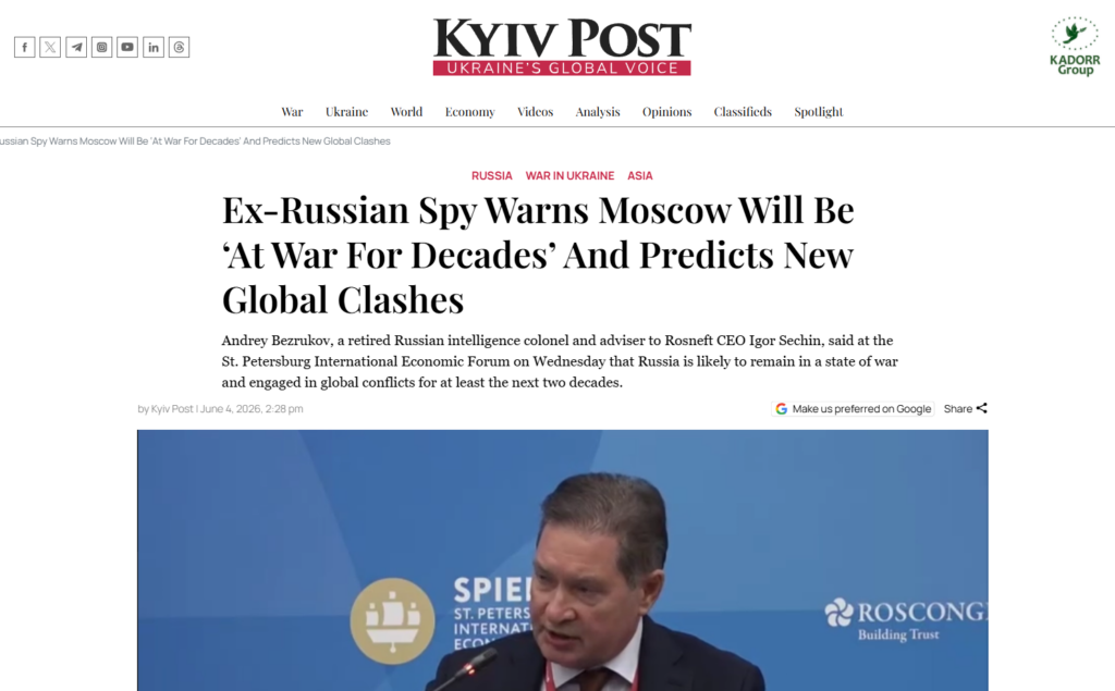 La Russia si prepara a venti anni di guerra contro l’Occidente 1 Secondo Bezrukov, la Russia deve prepararsi a sostenere per i prossimi venti anni una situazione di conflitto permanente con l’Occidente.