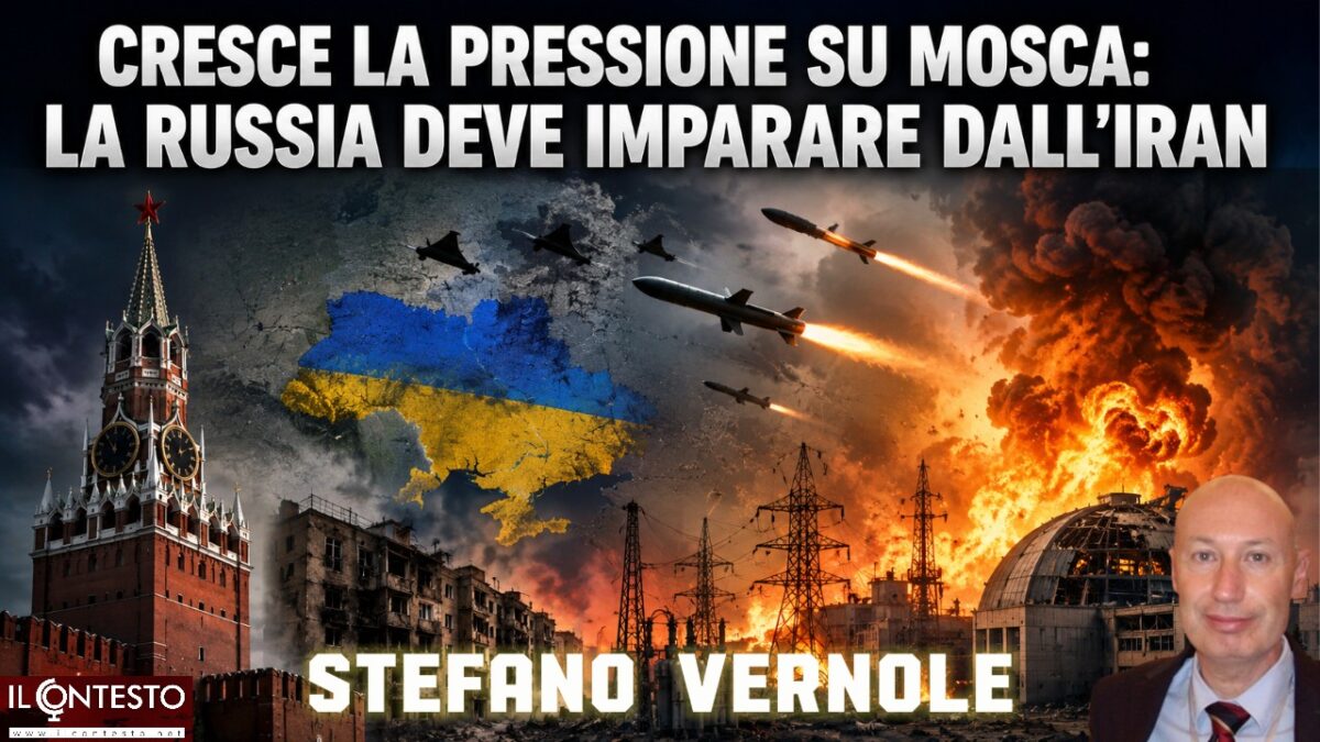 Missili sorvolano una mappa dell'Ucraina in una scena di rappresaglia, con esplosioni e il Cremlino sullo sfondo; titolo del testo e foto dell'autore inclusi.