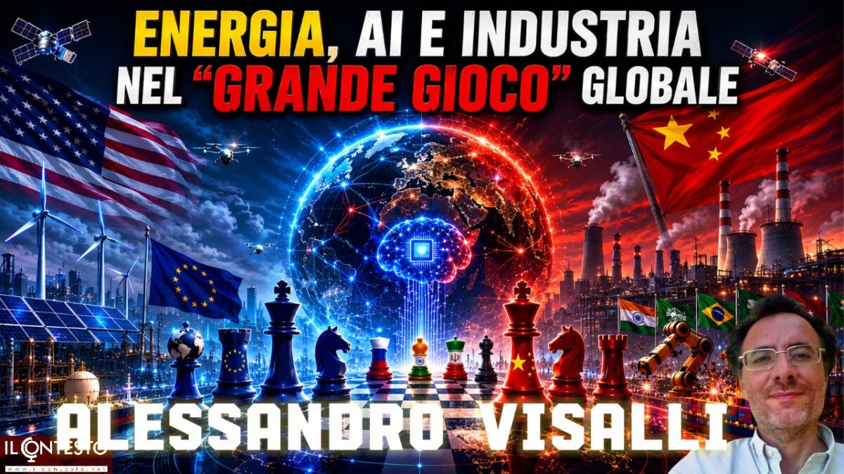 Lavrov: i negoziati con l’Unione Europea sono un inganno Un collage digitale che raffigura temi quali l'energia globale, l'intelligenza artificiale, Lavrov e l'industria, con bandiere, satelliti e il nome di Alessandro Visalli.