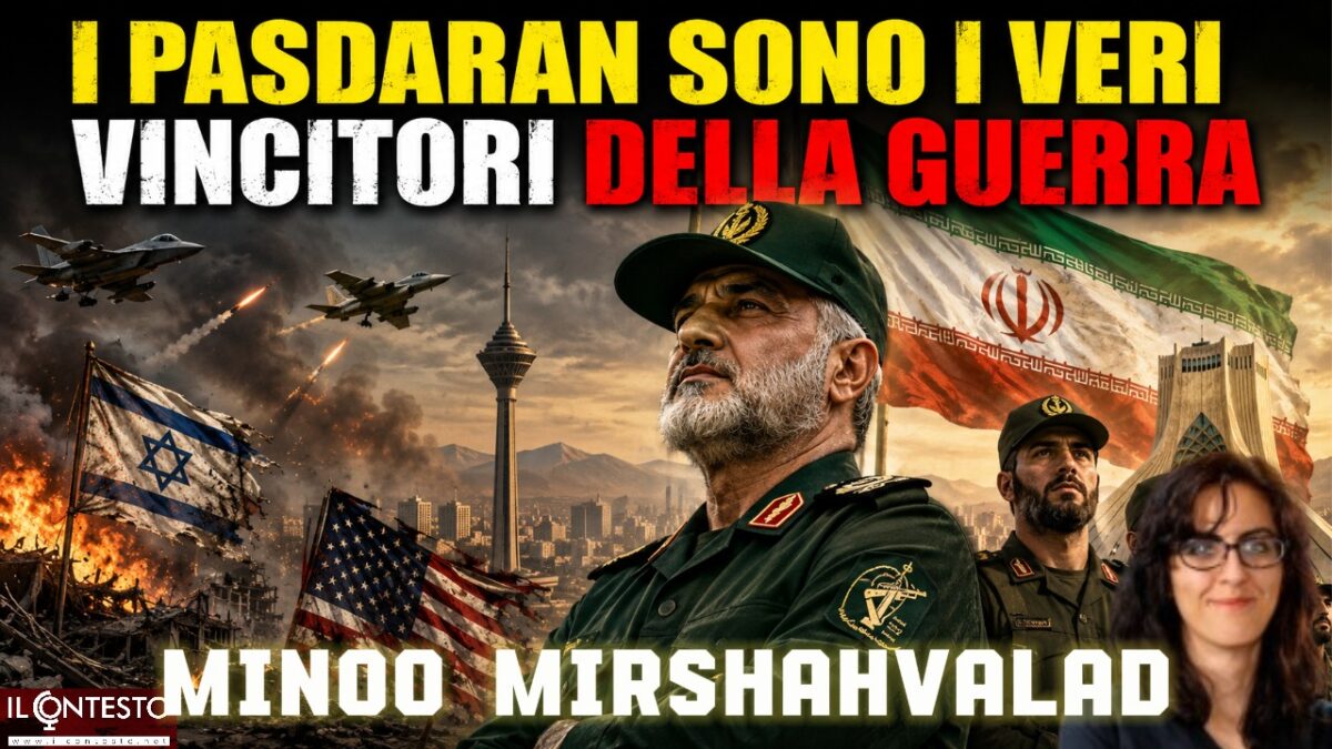 Memorandum Stati Uniti-Iran: cosa c’è di concreto? Un uomo dall’aria seria in uniforme militare è ritratto sullo sfondo dello skyline di Teheran, con aerei, bandiere e un memorandum; testo in italiano.