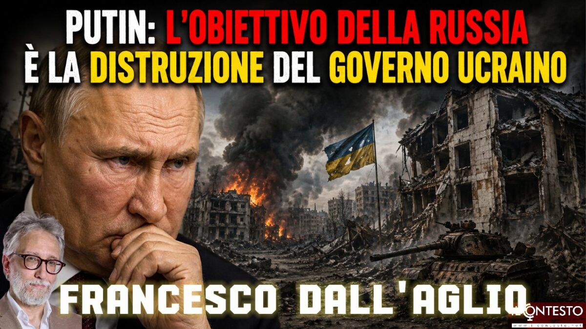 Vladimir Putin in primo piano con una città distrutta e la bandiera ucraina; il testo in italiano cita Ilnitsky riguardo all’obiettivo della Russia in Ucraina.