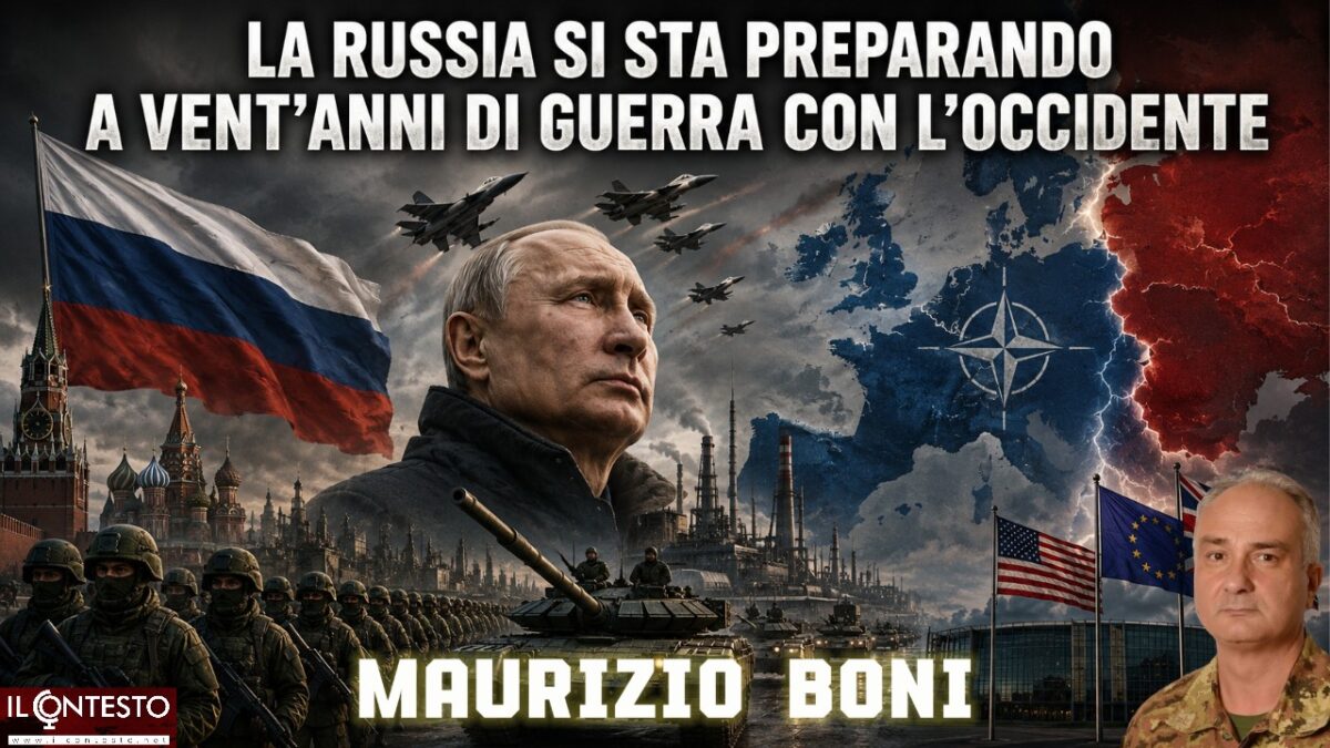 La Russia si prepara a venti anni di guerra contro l’Occidente Vladimir Putin con immagini militari russe, bandiere della NATO e dell'UE, titolo di Boni in italiano sulla preparazione della Russia al conflitto.