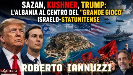 Sazan: l’isola del tesoro che gli albanesi non vogliono lasciare a Kushner Trump, Kushner e Iannuzzi con l’isola di Sazan, simboli statunitensi e israeliani, navi da guerra, bandiere albanesi; titolo su tema geopolitico italiano.