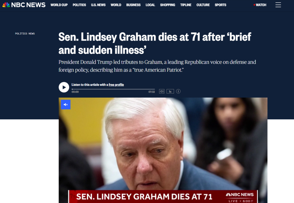 La morte del senatore Lindsey Graham, sopraggiunta all’età di 71 anni.