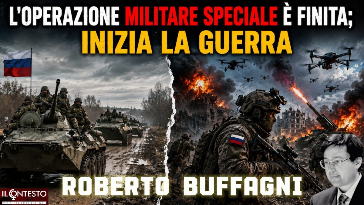 Soldati, carri armati e droni affollano una strada devastata dalla guerra; il testo in inglese e quello in italiano descrivono il caos della battaglia.