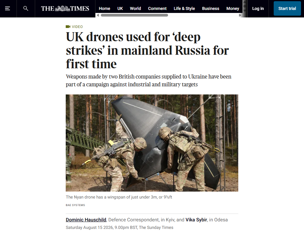 Gli ucraini usano droni britannici contro la Federazione Russa 1 Il pezzo in cui il «Sunday Times» documenta l’impiego di droni britannici contro la Russia da parte degli ucraini.