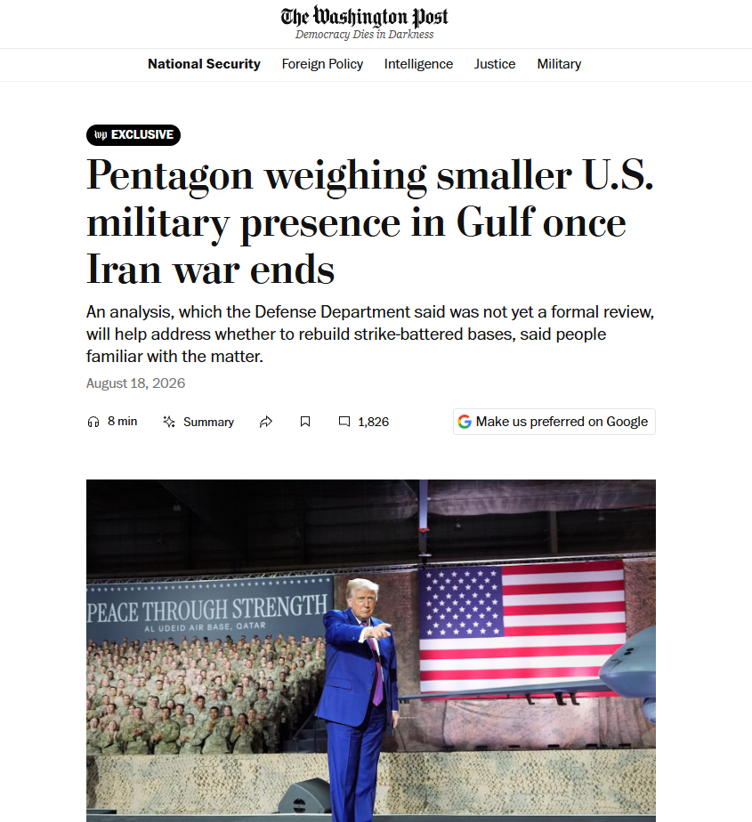 Trump pianifica di ridurre la presenza militare Usa in Medio Oriente 1 Secondo quanto riportato dal «Washington Post», l’amministrazione Trump starebbe pianificando di ridimensionare la presenza militare statunitense in Asia occidentale, e perfino di non ricostruire alcune delle basi distrutte o danneggiate dai missili e droni iraniani.