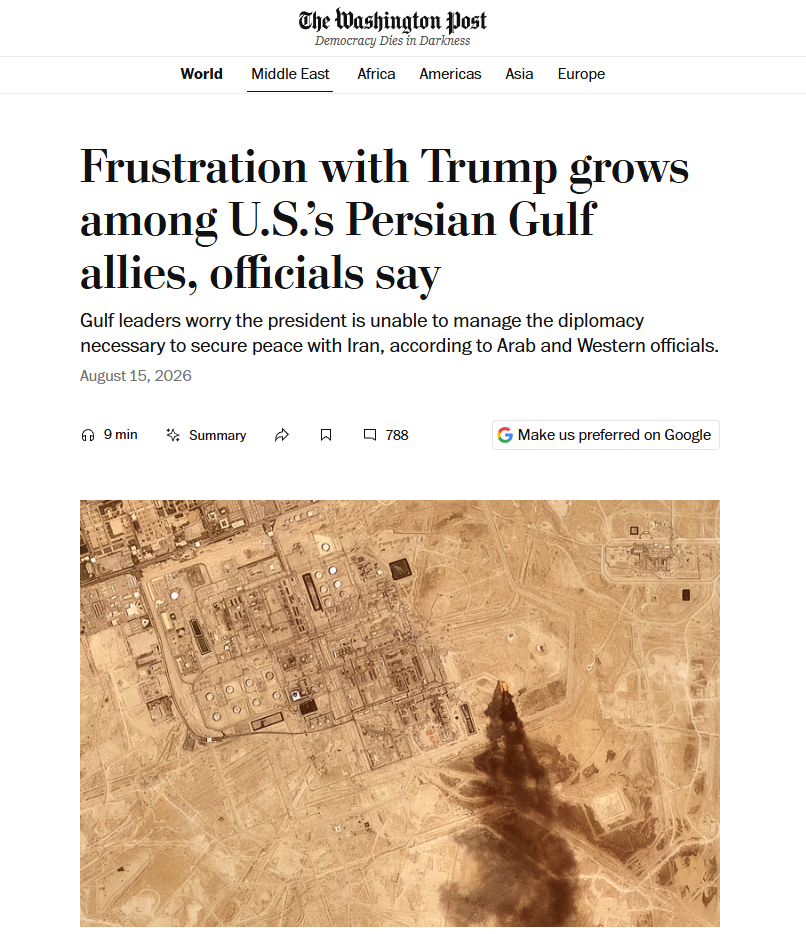 «Washington Post»: nel Golfo ne hanno abbastanza degli Usa 1 Secondo quanto riportato dal «Washington Post», nel Golfo starebbe maturando grande frustrazione nei confronti degli Usa.