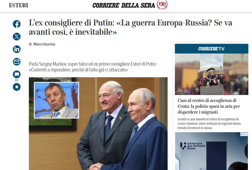 Markov, ex consigliere di Putin: «la Russia reagirà agli attacchi europei» 1 In una recente intervista al «Corriere della Sera», Sergej Markov, ex consigliere del presidente Putin, ha affermato che «l’Europa sta già attaccando la Russia. L’Occidente ha già preso di mira alcune navi russe che trasportavano materie prime e l’Unione europea ha ormai deliberato che è possibile sequestrare il petrolio russo».
