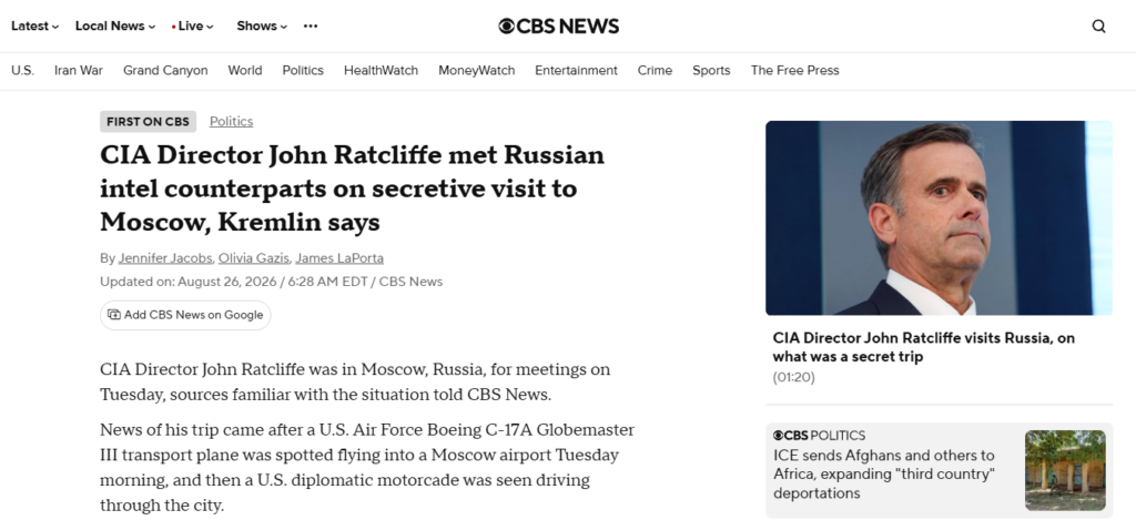 Ratcliffe a Mosca: perché il direttore della Cia va nella tana del lupo? 1 Il direttore della Cia Ratcliffe è atterrato all’aeroporto moscovita di Vnukovo dopo aver fatto scalo a Riga. Una volta giunto a terra, Ratcliffe ha incontrato il direttore dell’Svr Narishkin.
