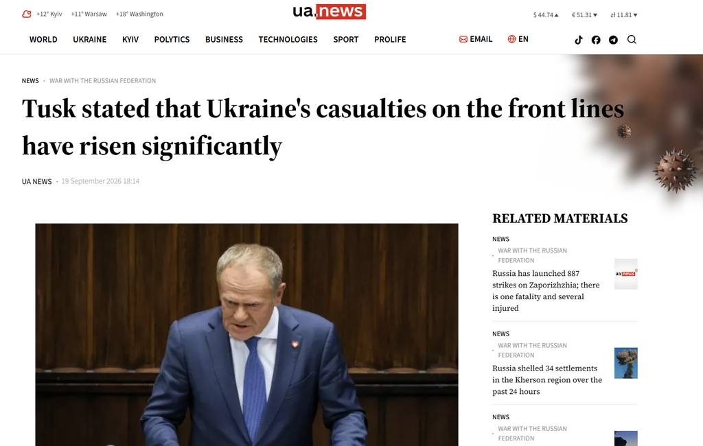 Tusk: gli ucraini perdono 27.000 uomini al mese 1 Secondo il premier polacco Tusk, gli ucraini perdono 27.000 uomini al mese.