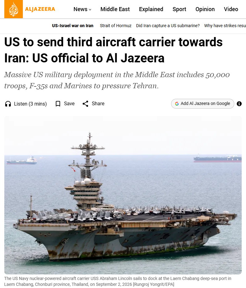 Gli Usa inviano una terza portaerei nelle acque antistanti l’Iran 1 Il gruppo d’attacco della portaerei statunitense Uss Theodore Roosevelt ha lasciato la base di San Diego per dirigersi verso le acque antistanti l’Iran.